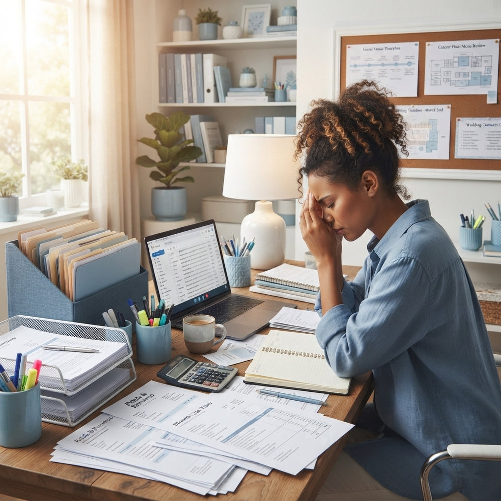 Stressed event planner surrounded by paperwork and invoices at a desk in a modern home office.