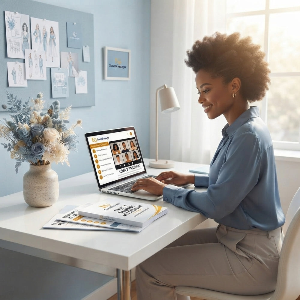 A professional South African event planner reviewing digital strategy documents on a laptop in a bright, modern studio worksp
